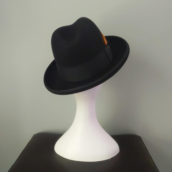 Rare! Vintage Barlesoni Black Fur Felt Feather Fedora Hat 7 56 with Box - Picture 3 of 9